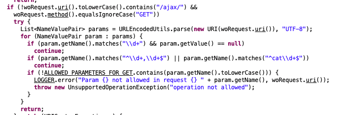 图片:checkCsrfTokenWo 函数代码片段,显示参数白名单检查